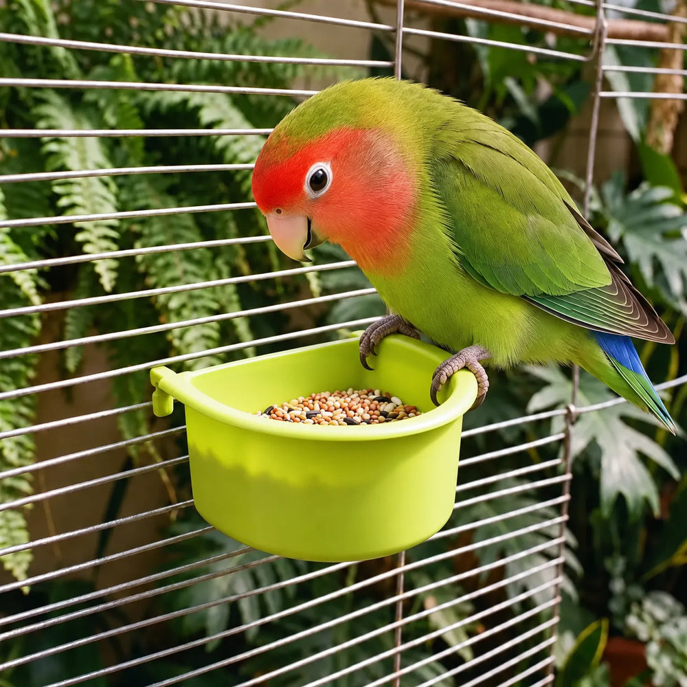 A green lovebird with a red face perches on the rim of a green hanging bowl filled with seed mix inside a wire cage. 2