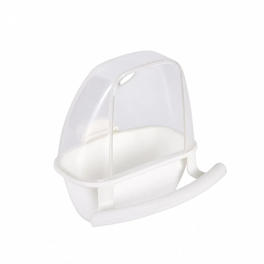 White version of the feeder with a clear hood and a curved perch bar, shown whole on a white background. 6