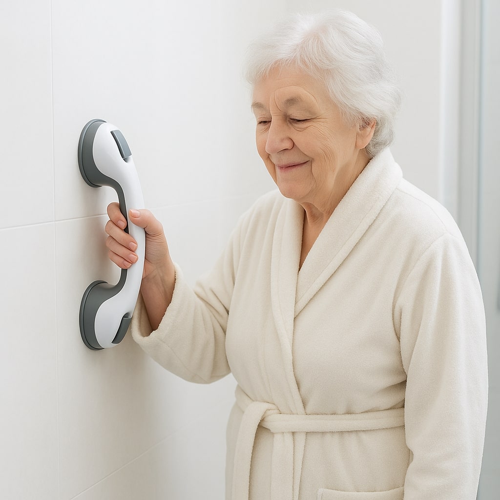 White and gray suction grab bar mounted on a white tiled wall, held by an older woman.