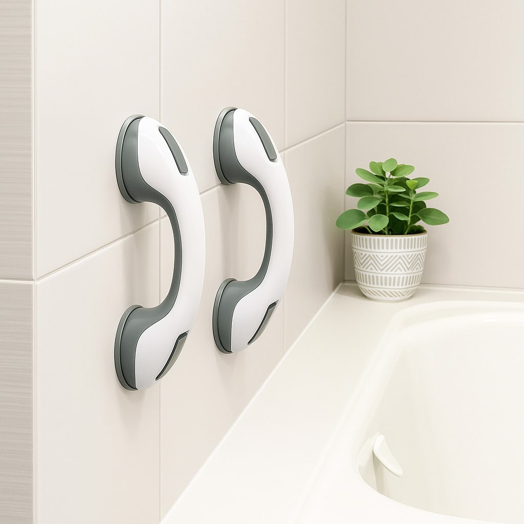 Two white and gray suction grab bars mounted on white bathtub wall tiles.