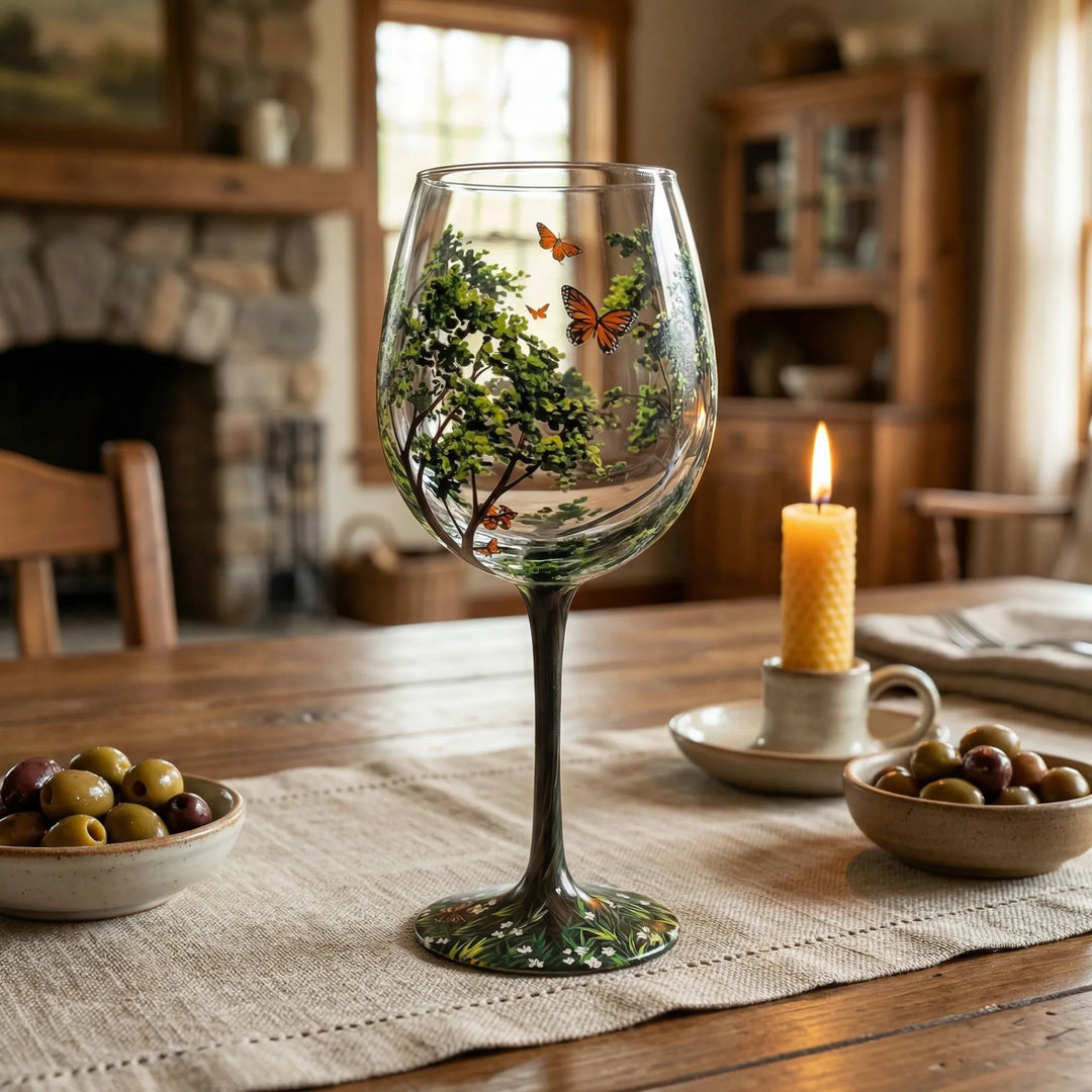 Handbeschilderd Wijnglas Met Natuurmotief - TreeGlass