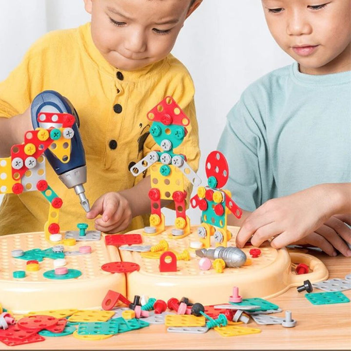 Montessori building toolbox set another view with two children and the blue toy drill