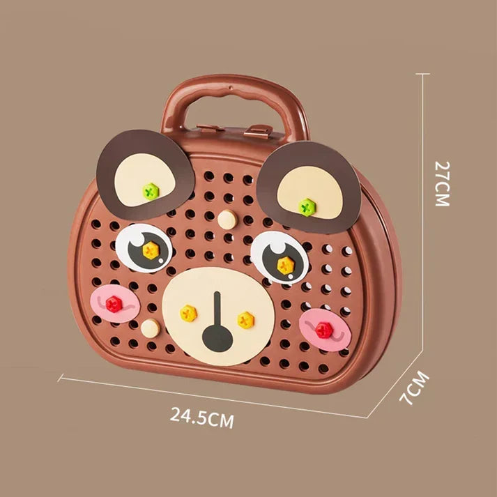 Closed brown bear-faced carry case with handle and dimensions marked