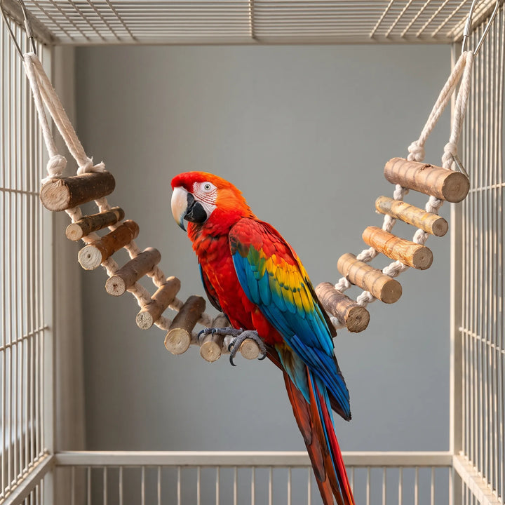 Red, yellow and blue macaw perched on the bridge hung between the sides of a wire cage. 2