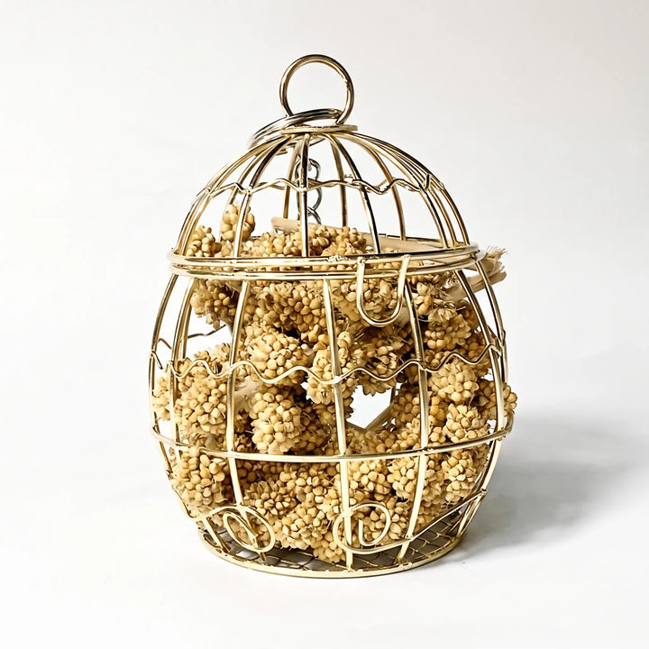 Egg-shaped gold wire cage with a top ring, packed with golden millet sprays, shown on a plain white background. 1