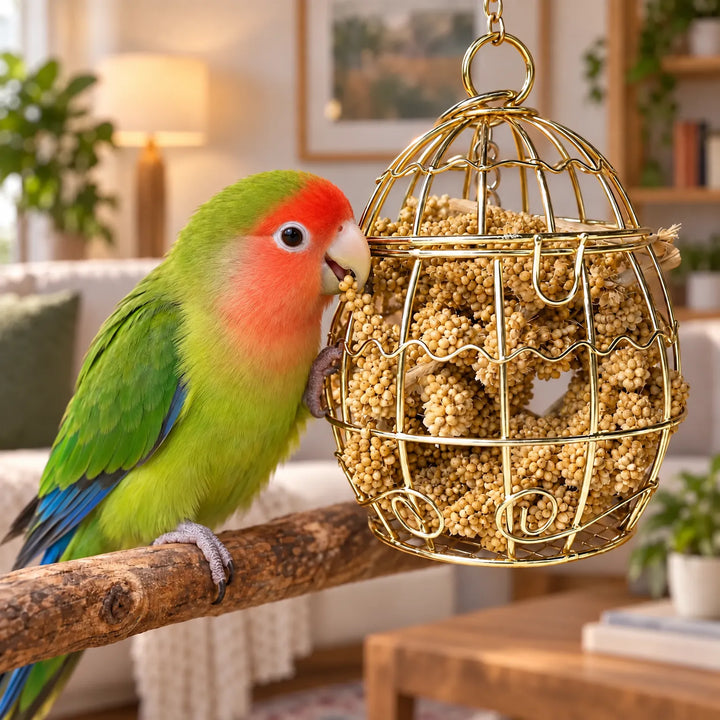 Green lovebird with a red face perched on a branch, nibbling millet from the hanging gold wire cage feeder in a living room. 2