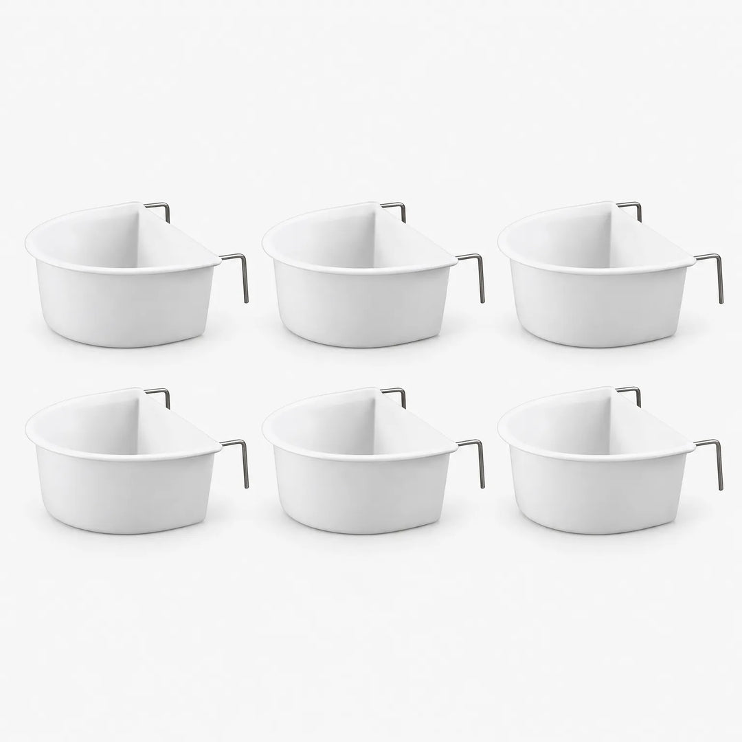 Set of six identical white plastic bowls with metal hooks, arranged in two rows of three on a plain background. 4