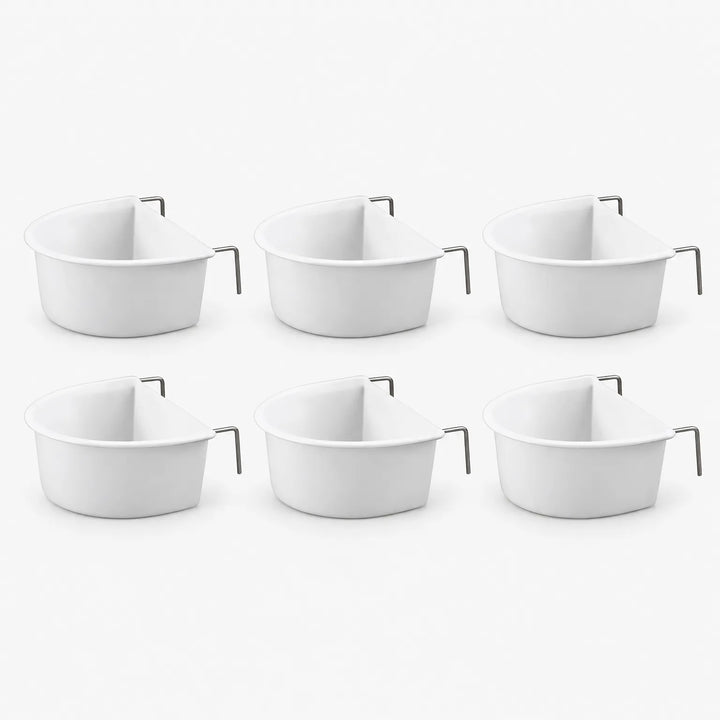 Set of six identical white plastic bowls with metal hooks, arranged in two rows of three on a plain background. 4
