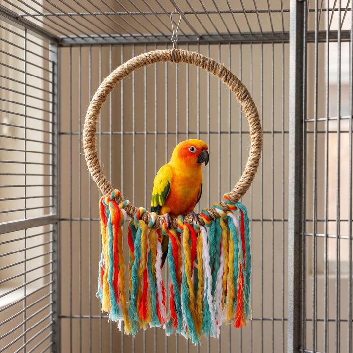 Small yellow-orange parrot sits on the rope ring with colorful tassels, hanging inside a metal cage. 2