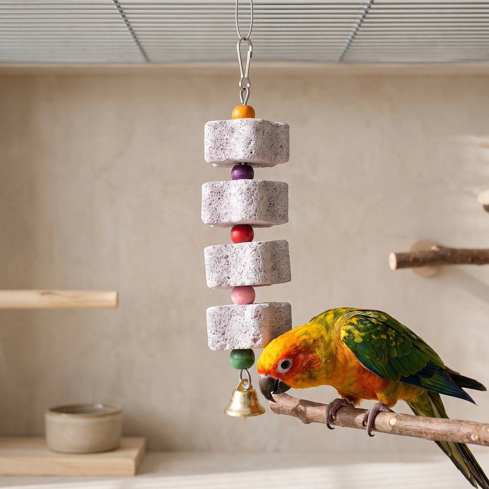 The four-block stone toy hangs inside a cage while a colorful sun conure on a branch perch inspects the lowest block. 2