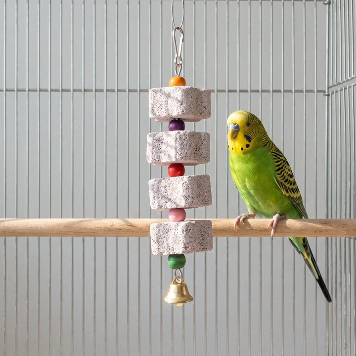 A green and yellow budgie perches on a wooden bar beside the hanging stone-block toy with its colorful beads and golden bell. 3