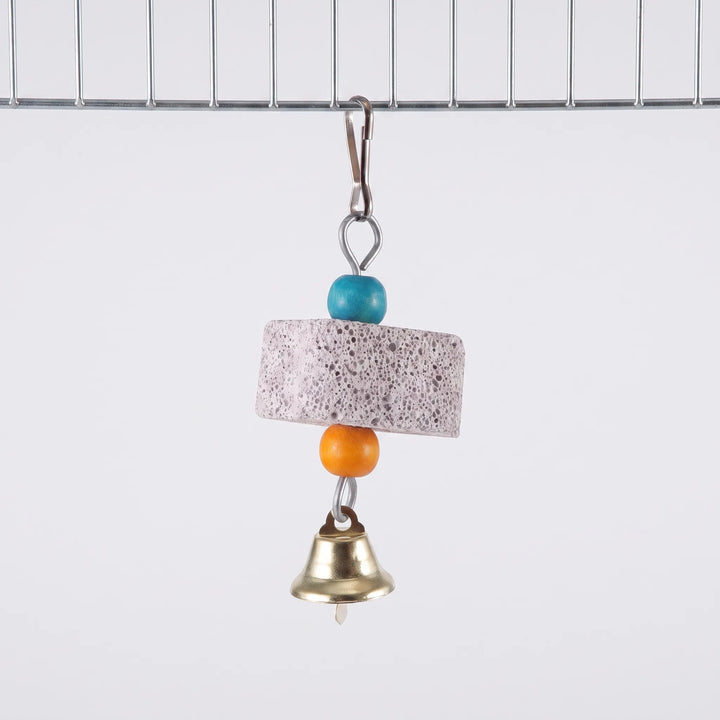 Single-block version of the toy clipped to a cage wire: one gray stone block between blue and orange beads, with a bell. 5