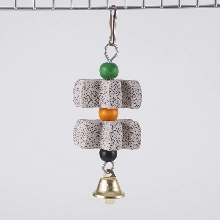 Two-block version clipped to a cage wire, with star-shaped stone pieces between green, orange and black beads, and a brass bell below. 6