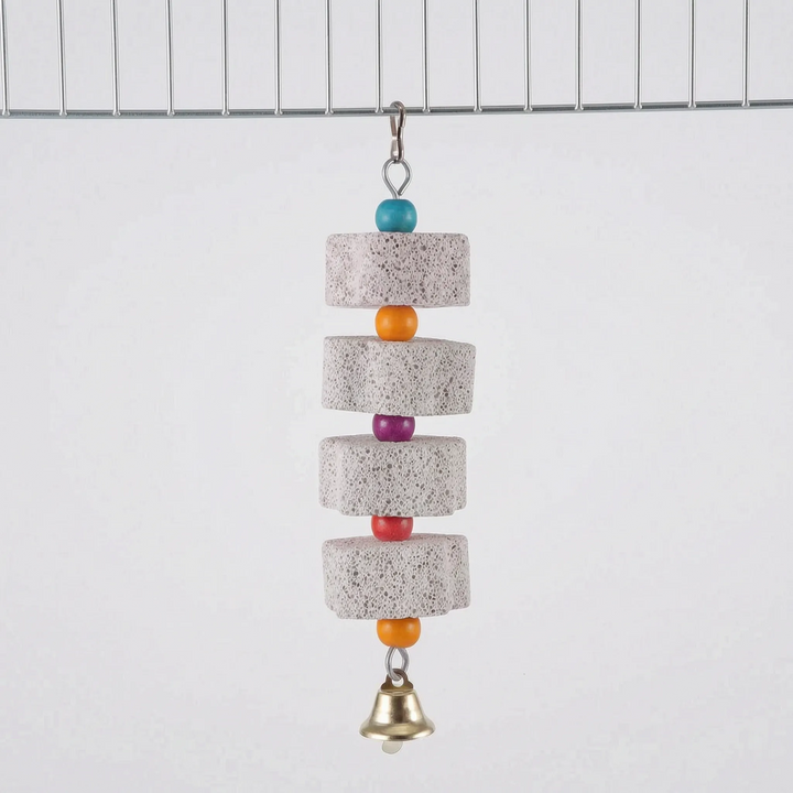 Four-block version hanging from a cage wire, with stone pieces between blue, orange, purple, red and orange beads, ending in a golden bell. 8