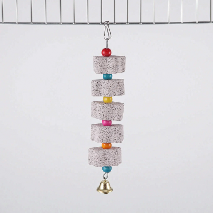 Longest five-block version hanging from a cage wire, with stone blocks separated by red, blue, yellow, pink, orange and blue beads, plus a bell. 9