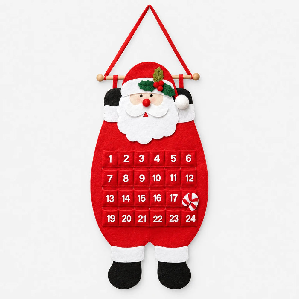 Front view of the felt Santa calendar with 24 numbered pockets, a wooden hanging rod, red ribbon loop and candy cane charm. 2