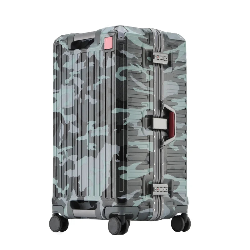 Another view of the ribbed hardshell suitcase in a green, gray and black camouflage pattern with aluminum frame, side handle and spinner wheels.