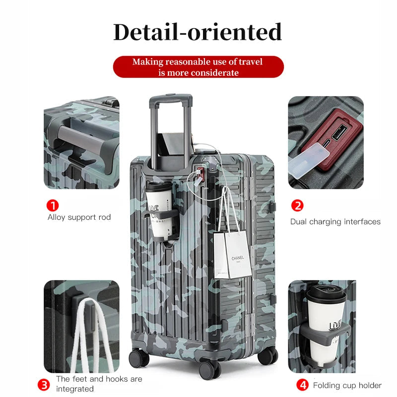 Detail of the camouflage suitcase showing alloy support rod, dual USB charging ports, integrated hook and folding cup holder.