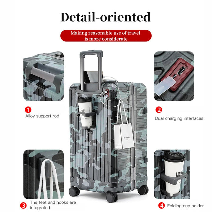 Detail of the camouflage suitcase showing alloy support rod, dual USB charging ports, integrated hook and folding cup holder.