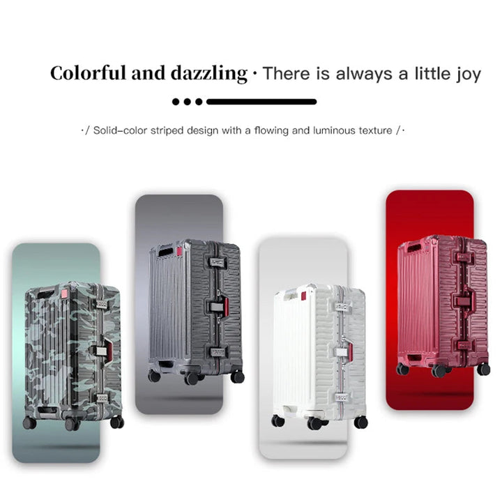 Four suitcases side by side in camouflage, dark gray, white and red showing the available color options.