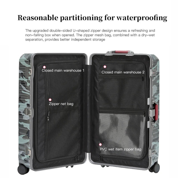 Another view of the open camouflage suitcase with two lined compartments, zippered mesh pockets and a wet-item bag.