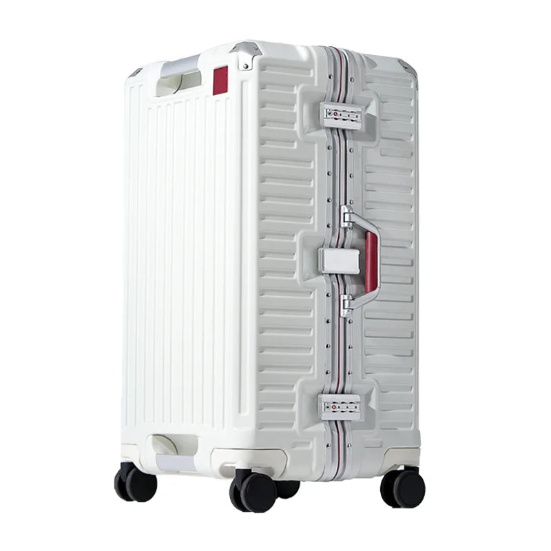 White ribbed hardshell suitcase with silver aluminum frame, red-accented side handle, two combination locks and four spinner wheels.