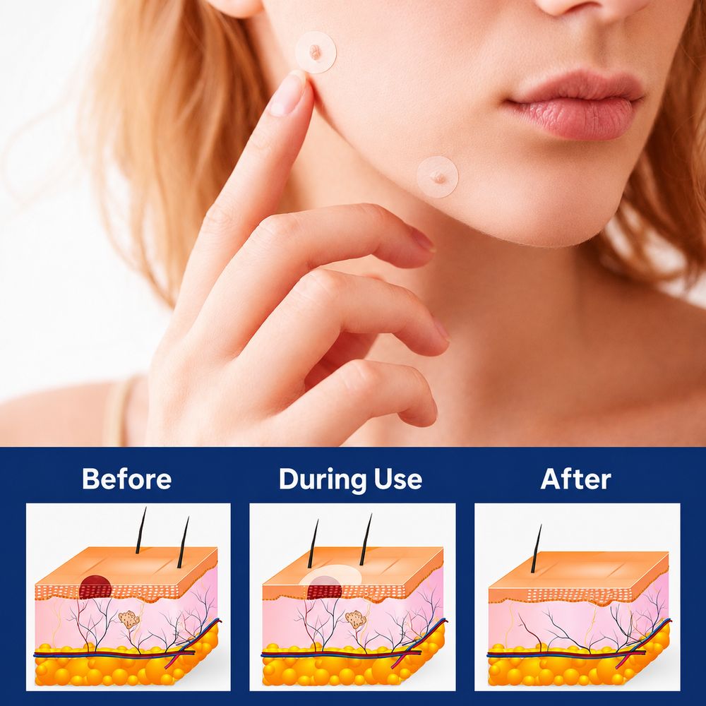 Woman touching her jaw with two small round patches on her cheek and skin diagrams above.