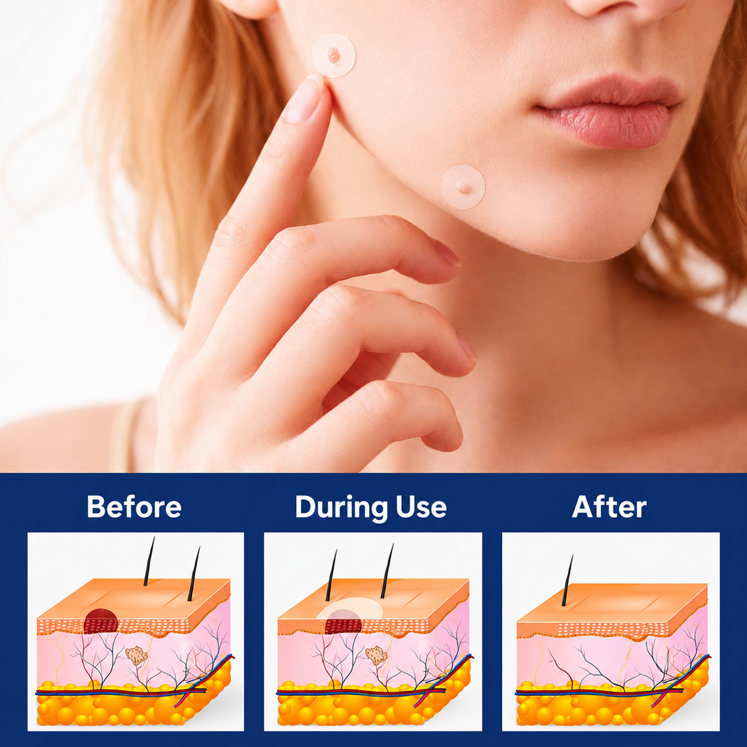Woman touching her chin with two round patches on her cheek and jaw, above a before, during and after skin-layer diagram.