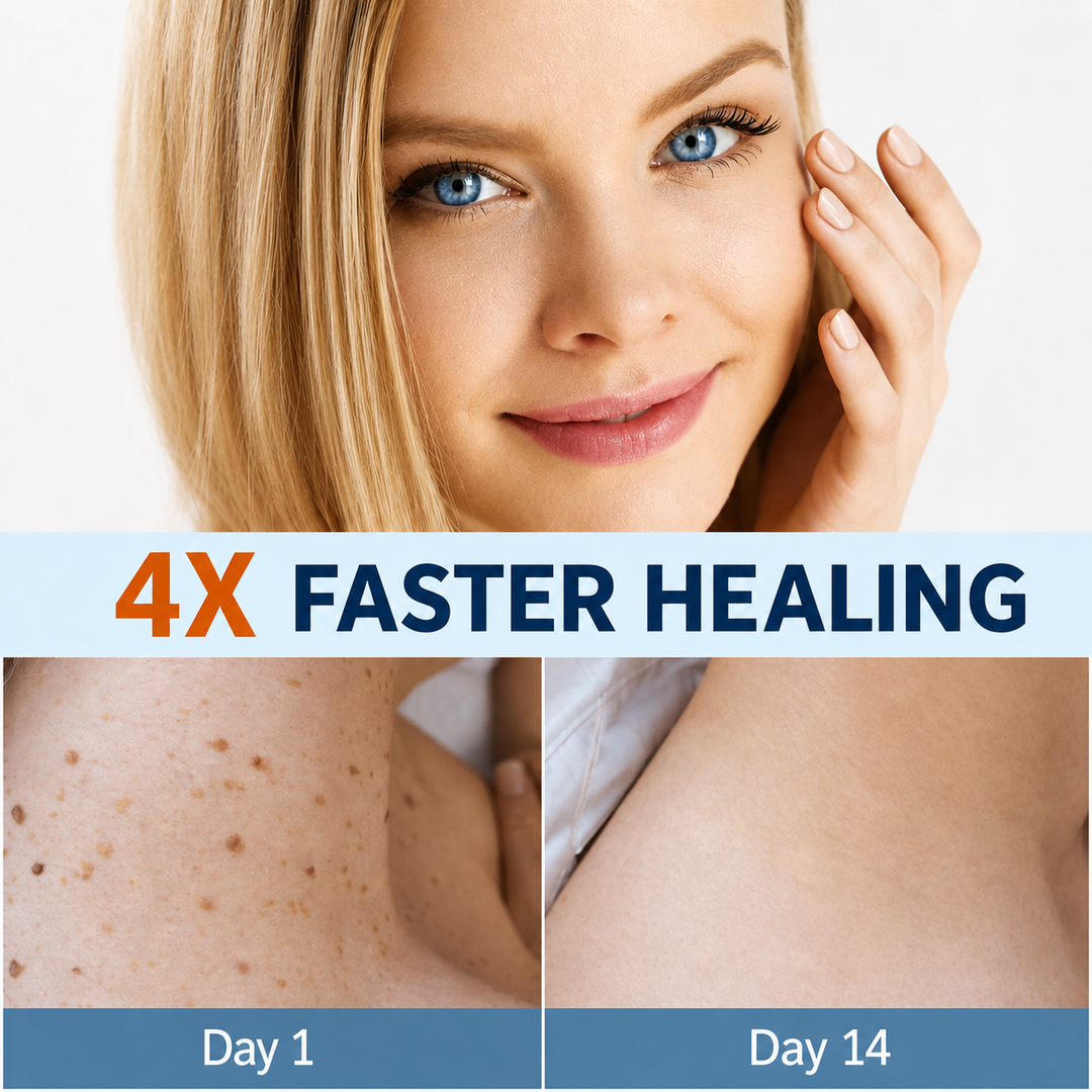 Smiling blonde woman touching her cheek above a two-panel comparison of freckled shoulder skin on day one and clear skin after two weeks.