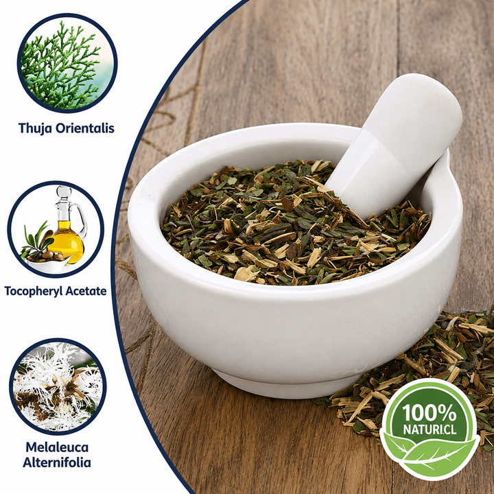 White mortar and pestle filled with dried herbs on a wooden table beside circles showing thuja, olive oil and melaleuca flowers.