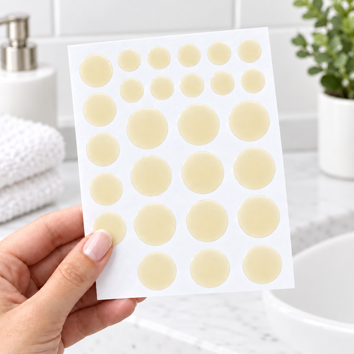 Hand holding a white sheet of round, pale yellow gel patches in several sizes in front of a bathroom sink.