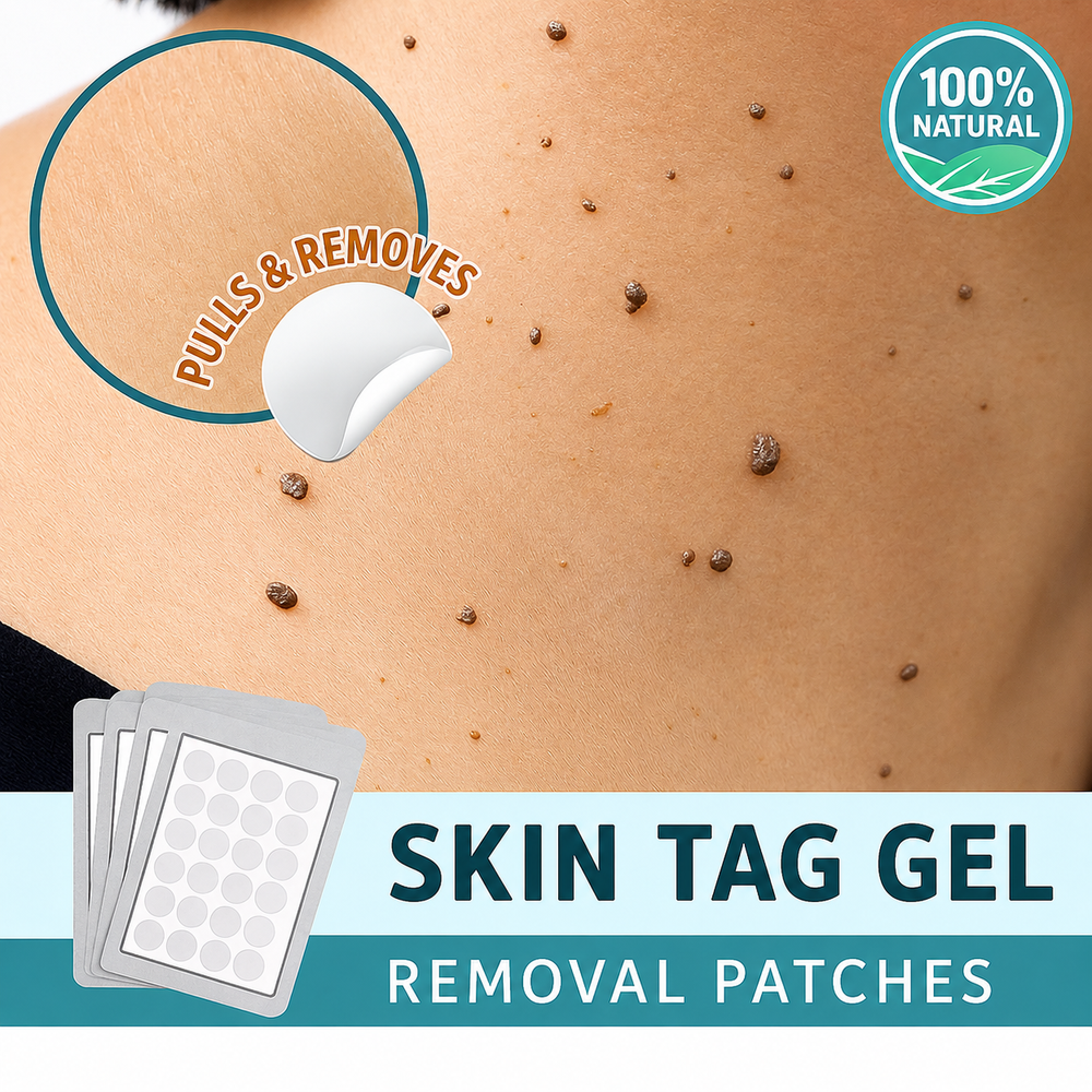 Close view of a bare back covered in small brown skin growths, with a peeling patch icon and a stack of patch sheets.