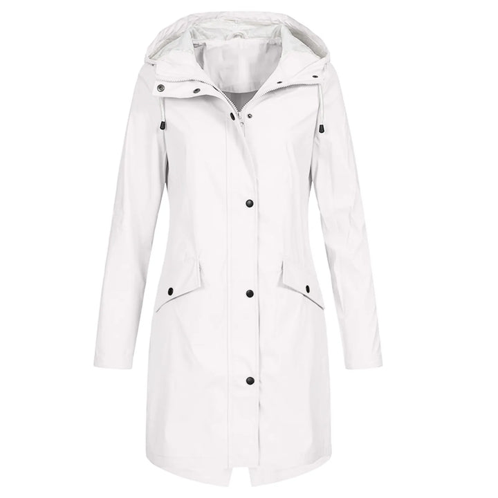Weiße Damen-Regenjacke mit Kapuze, wasserdicht, modisch, funktional, Outdoor-Bekleidung.