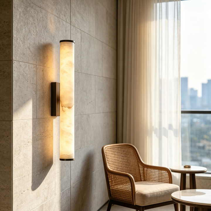 Marble sconce casting a warm shadow on a stone-tiled wall near a rattan armchair, sheer curtains and a window with city views.