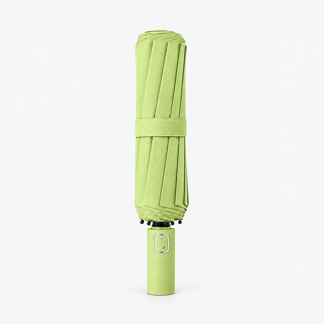 Folded lime green umbrella with matching strap standing upright on its handle against a white background. 8