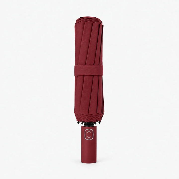 Folded burgundy umbrella with matching strap standing upright on its handle against a white background. 9