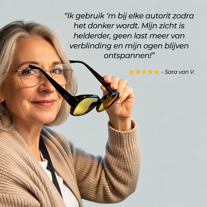 Another view of a woman holding black-framed night driving glasses with yellow-tinted lenses.