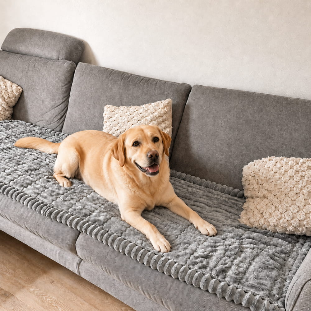 Brittany Sofa Protector Water-Resistant Blanket for Dogs & Cats in grey on a sofa with a dog lying on it.