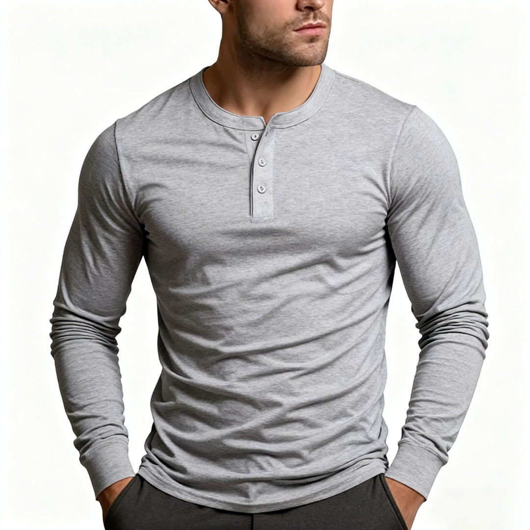 Men's Henley Shirt in heathered light gray, detail of the jersey texture and three-button placket.