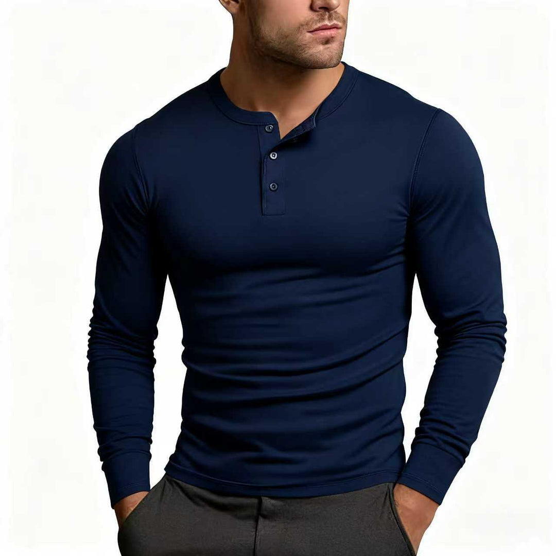 Men's Henley Shirt in dark navy blue, another view with a partly open three-button placket.