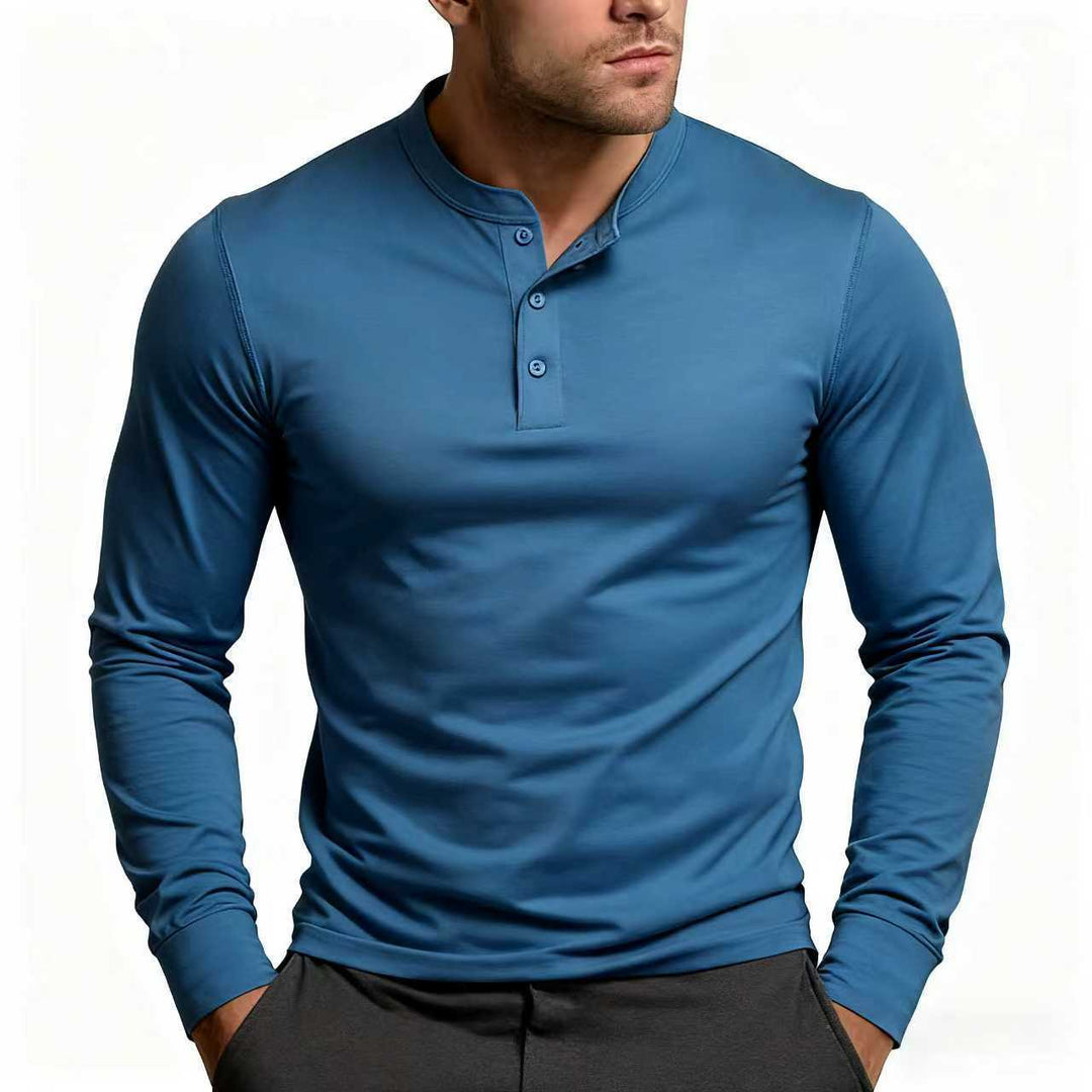 Men's Henley Shirt in medium blue, another view with an open Henley placket and fitted sleeves.