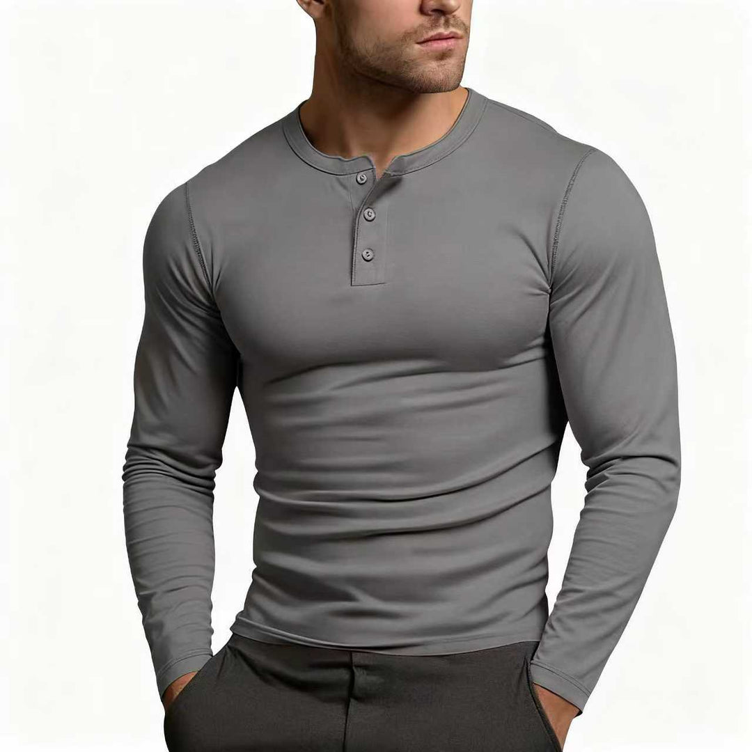 Men's Henley Shirt in charcoal gray with a three-button placket, front view.