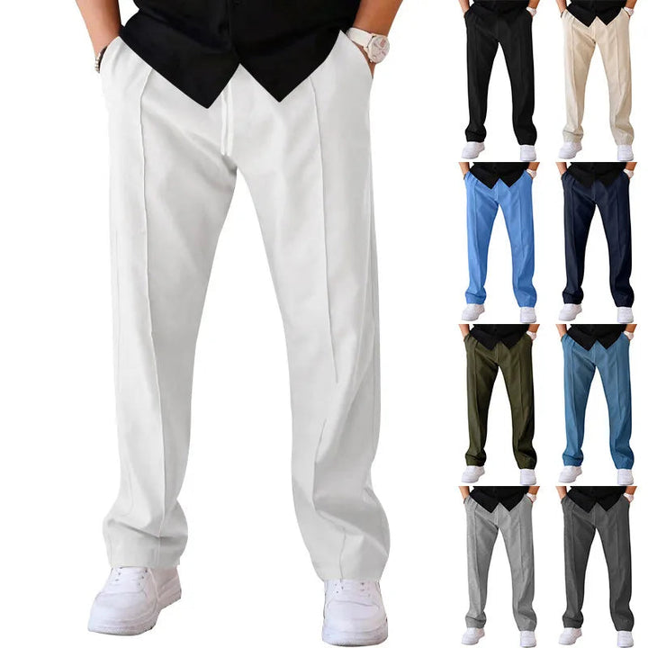 Large view of white drawstring pants worn with a black top, beside small thumbnails showing the same pants in eight other colors. 6