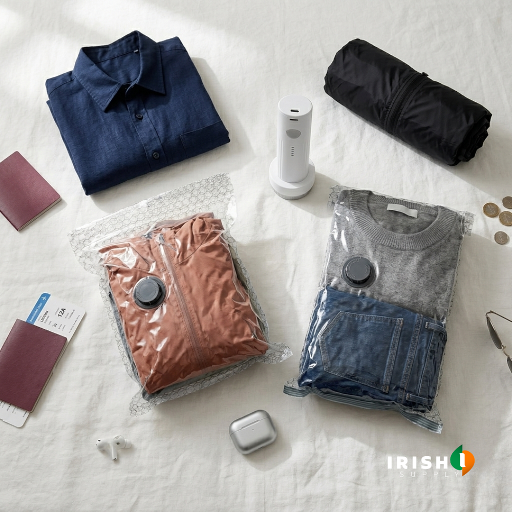 Two clear compression bags with clothes beside the white pump and travel items.