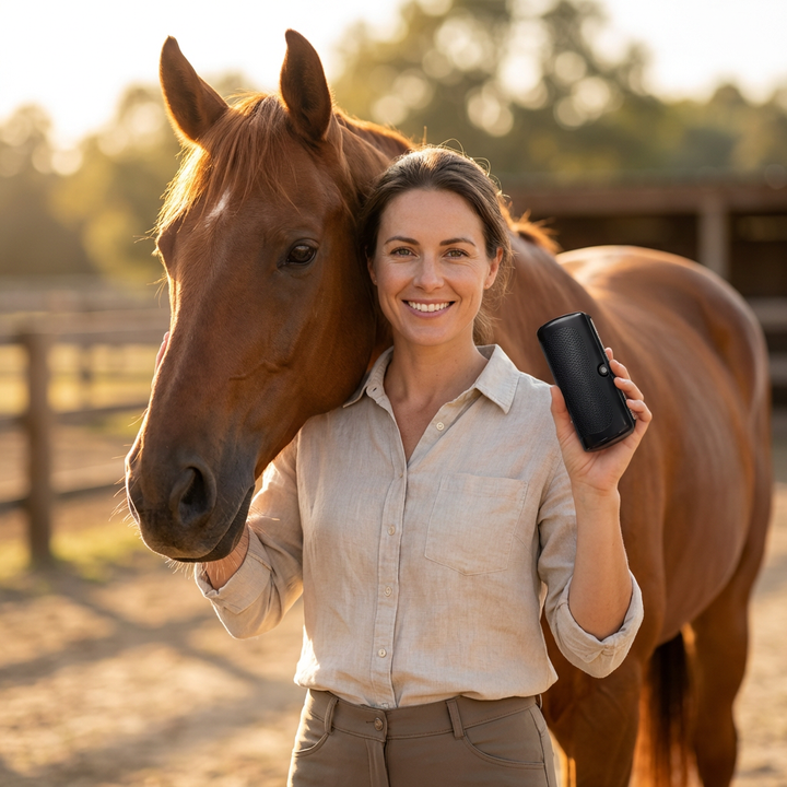 Smiling woman in a linen shirt holds the black brush beside a chestnut horse.