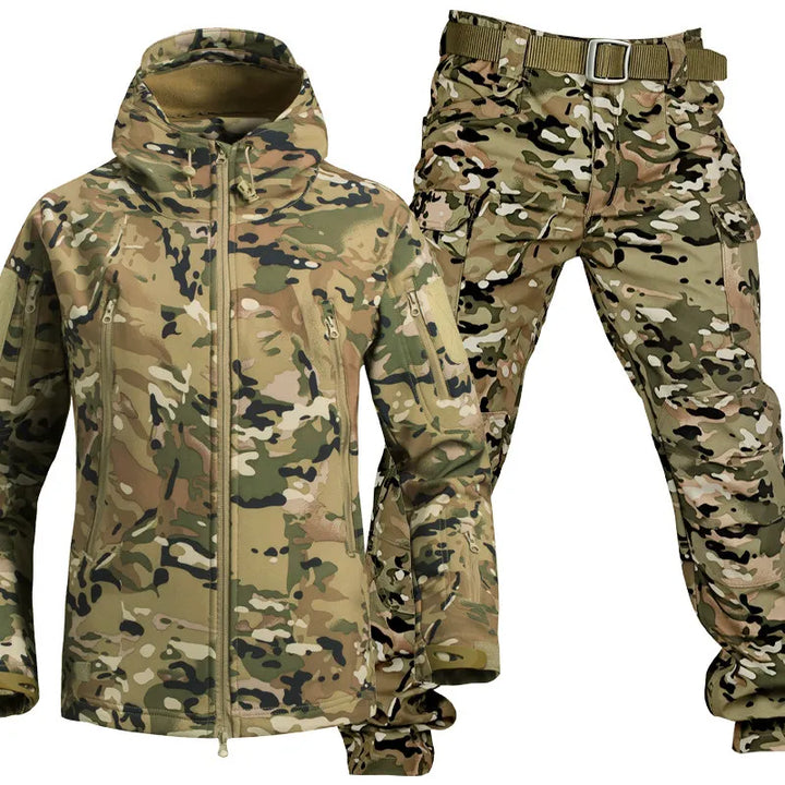 Camouflage pattern jacket with hood and matching cargo pants with tan belt, front view 11
