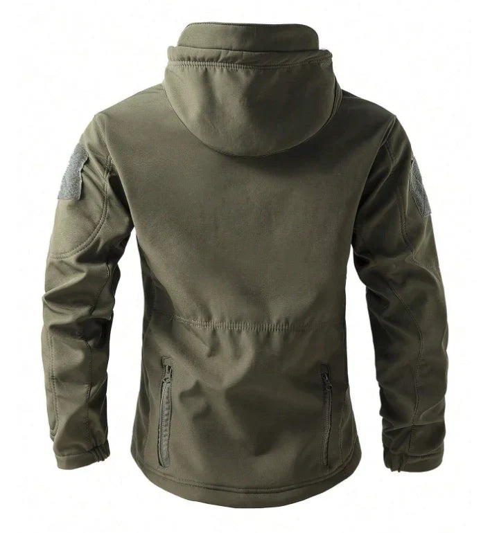 Olive green jacket displayed from behind without a model, showing hood and back stitching 7