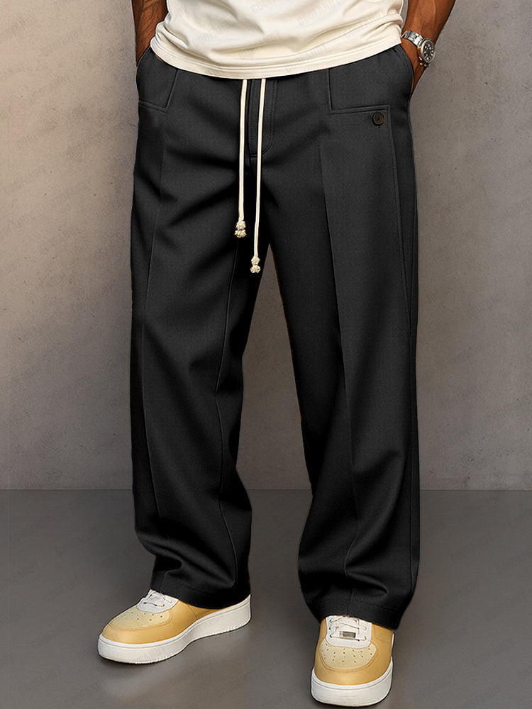 Men's grey relaxed fit pants, another view.