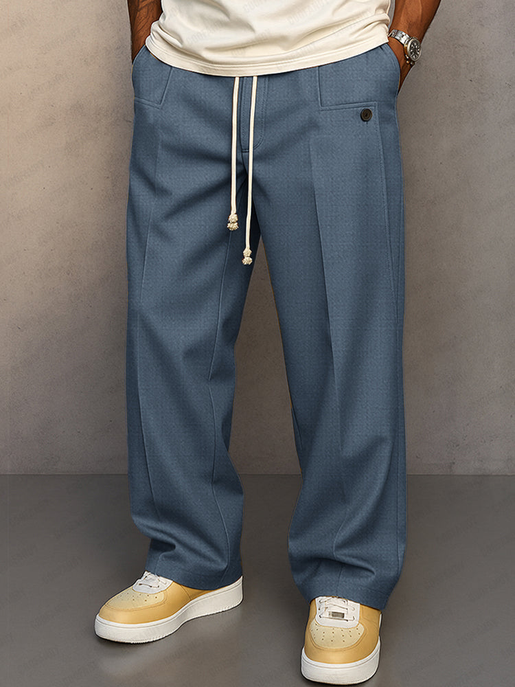 Men's grey relaxed fit pants, another view.