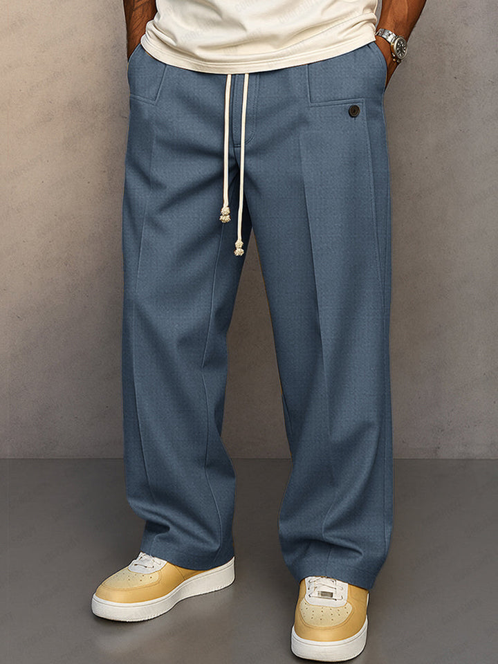 Men's grey relaxed fit pants, another view.